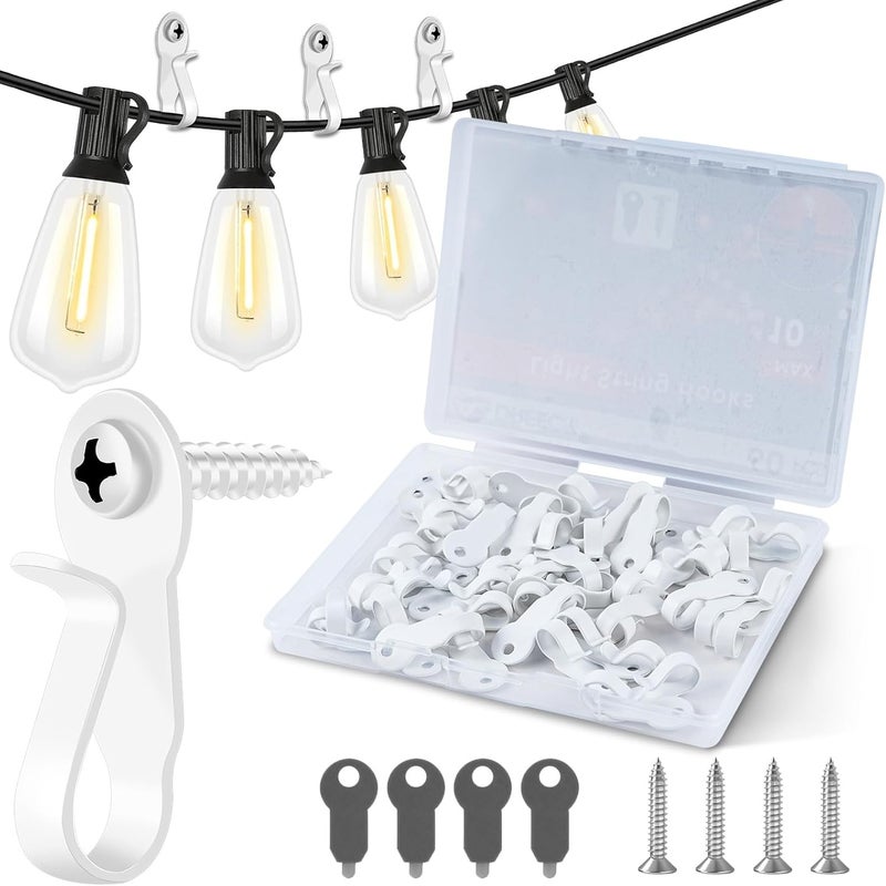 Dreecy 60 Pack Hooks for Outdoor String Lights Clips, Metal Heavy Duty String Light Hook with Screw & Adhesive Strips, Christmas Light Clips for Outside or Indoor Holiday Decor, Fairy Led Lights, Etc. White - Image 1